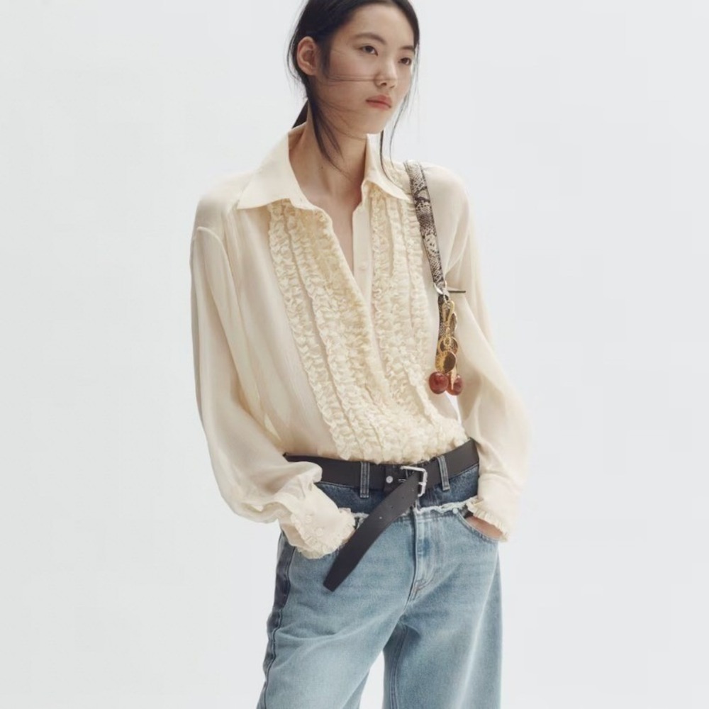 Stella McCartney H&M Silk-Blend Blouse with Ruffled Bib Top Ivory | Size Large - Picture 3 of 6